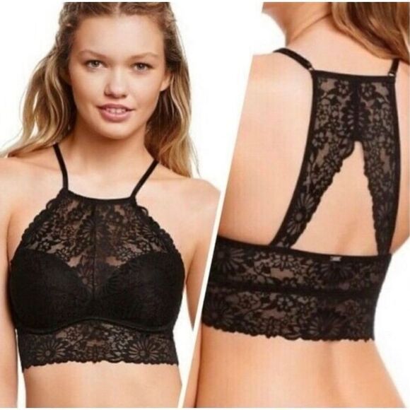 Victoria’s Secret PINK Wildflower Lace High Neck Bralette S - Black - Picture 3 of 15